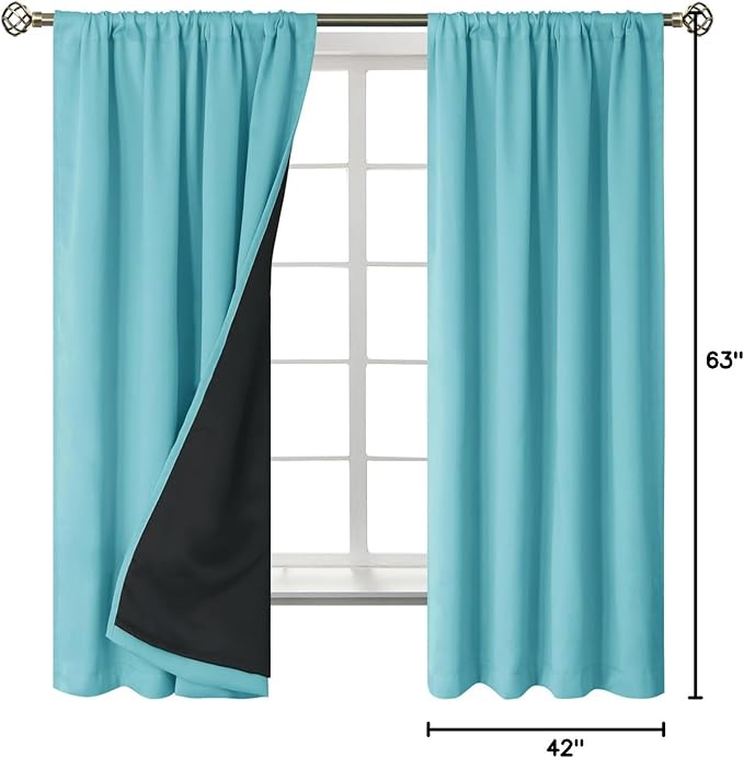 BGment 100% Blackout Curtains for Bedroom 63 Inch Length, Full Room Darkening Curtains for Living Room Rod Pocket with Thermal Insulated Liner, Each Window Curtains 2 Panels, 42 x 63 Inch, Aqua