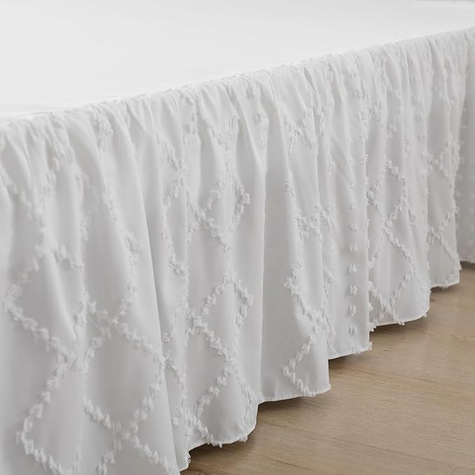 Bed Skirt Queen Size Ruffled Bed Skirt with Split Corners, 12 Inch Drop Dust Ruffle Bed Skirts with Platform, Boho Tufted Shabby Chic Queen Size Bed Skirts, White