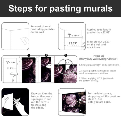 -Black Peony Purple Floral Botanical Fabric Wallpaper Living Room Bedroom Bathroom Dark Flowers Large Wall Mural- 183"x120"（ not Peel and Stick）