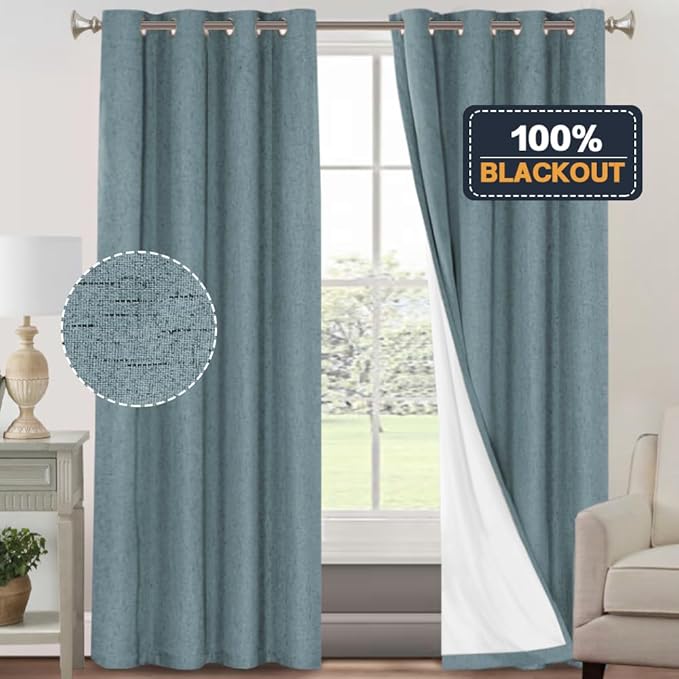 PrinceDeco Linen Blackout Curtains 84 Inches Long 100% Blackout Curtains for Bedroom/Living Room Textured Linen Look Curtain Energy Saving with White Liner,Stone Blue, 52x84 Inch (2 Panels)