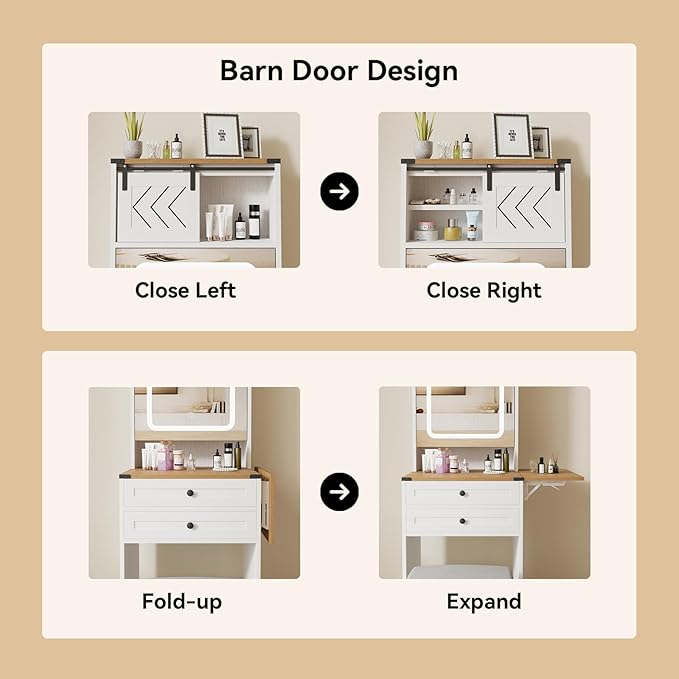 ARTETHYS Farmhouse Small Vanity Desk Set with Mirror Cabinet Mini Makeup Vanities Set with 3 Adjustable Lights and Storage Chair for Compact Space, White Dressing Table with Fold-up Panel