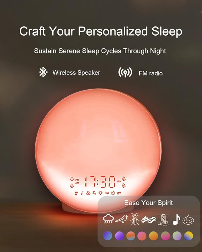 Smart Sunrise Alarm Clock with No Signup APP Control & Wake-Up Light, 4 Alarms, White Noise, FM Radio, Wireless Speaker, White