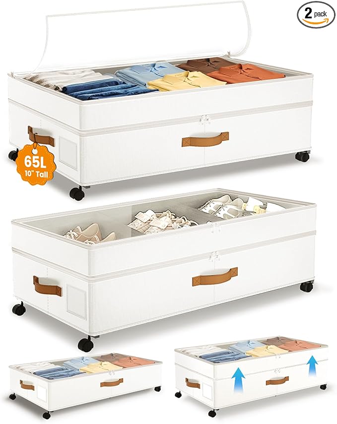 Under Bed Storage with Wheels, 10 inches Under Bed Storage Containers, 65L XXL Large Adjustable Underbed with Lids, Rolling Underbed Storage bins for Shoes, Clothes, Blankets, White