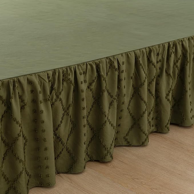 Bed Skirt Full Size Ruffled Bed Skirt with Split Corners, 14 Inch Drop Dust Ruffle Bed Skirts with Platform, Boho Tufted Shabby Chic Full Size Bed Skirts, Olive Green