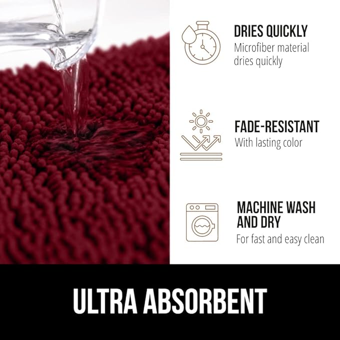 GORILLA GRIP Bath Rug Mat 44x26, Soft Absorbent Chenille, Quick Dry Microfiber Mats, Rubber Backing Washable Shower Floor Rugs, Bathmat Runner, US Designed Bathroom Home Decor Accessories Burgundy