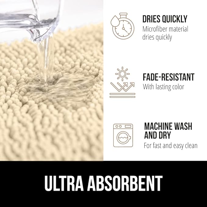 GORILLA GRIP Bath Rug Mat 30x20, Thick Soft Absorbent Chenille, Quick Dry Microfiber Mats, Rubber Backing Washable Shower Floor Rugs, Bathmat Runner, US Designed Bathroom Home Decor Accessories Sand