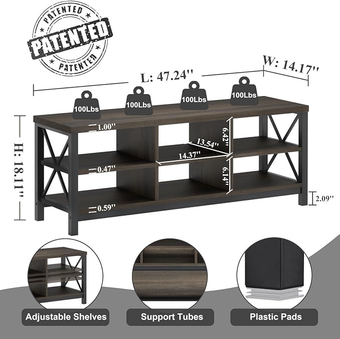 FATORRI Shoe Bench Entryway with Storage, Industrial Wood and Metal Hallway Benches with Adjustable Shelves, Rustic Entry Way Bench for Living Room (47.24 Inch Long, Walnut Brown)