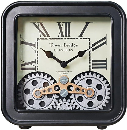 Desk Clock Vintage Metal Table Clocks with Moving Gears, Silent Retro Industrial Steampunk Quartz Small 6 inch End Table Clock for Home Office Living Room Decor Battery Operated (Black)