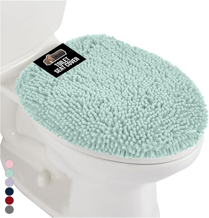 GORILLA GRIP Soft Chenille Bathroom Toilet Lid Cover, Machine Washable Seat Covers, 19.5x18.5, Stays in Place Rubber Backing, Fits Most Round, Elongated and Oblong Lids, Accessories Decor, Seablue