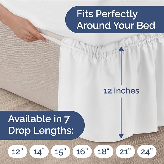 Wrap Around Dust Ruffle Bed Skirt - White - for Queen Size Beds with 12 Inch Drop - Easy Fit Elastic Strap - Adjustable Pleated Bedskirt w/Brushed Fabric - Wrinkle Free - for Women, Men, Kids & Teens