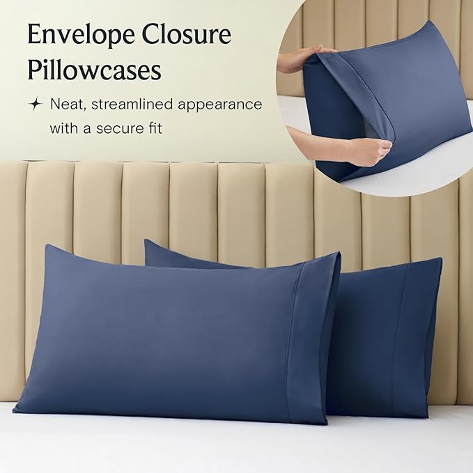 LuxClub 4 PC Queen Sheet Set, Deep Pockets Wrinkle Free Cooling Bed Sheets Hotel Bedding for Women, Men, Includes 1 Fitted Sheet, 1 Flat Sheet and 2 Pillowcases-Silky Soft Navy