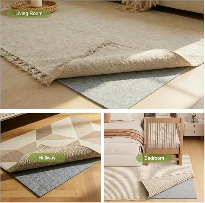 Felt Rug Pad with Gripper Dots, 9x12 Ft Non-Slip Rug Underpad with PVC Backing, 1/6" Thick Cushioned Carpet Pad Gripper for Hardwood Floors, Vinyl & Tile, Under Rug Padding Floor Protection