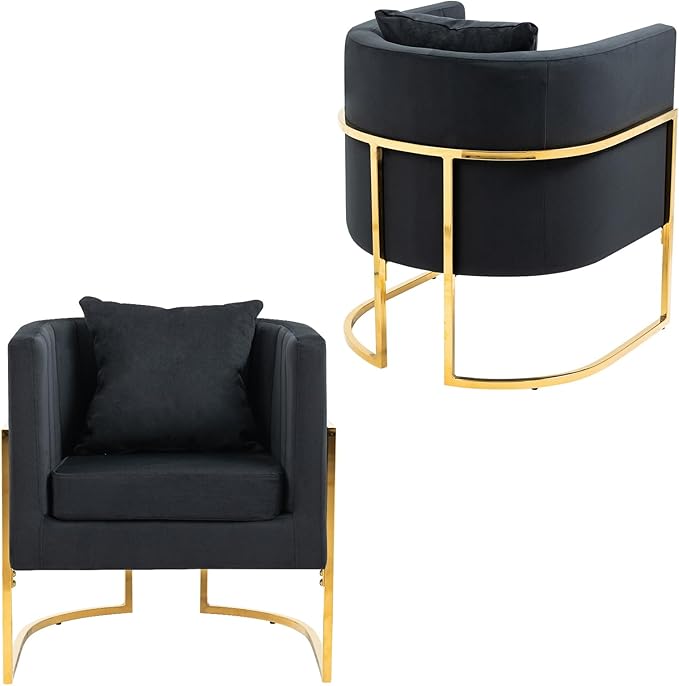 Velvet Modern Accent Chair, Upholstered Barrel Armchair Mid Century with Pillow for Living Room, Comfy Single Vanity Chair with Metal Gold Legs for Bedroom, Black