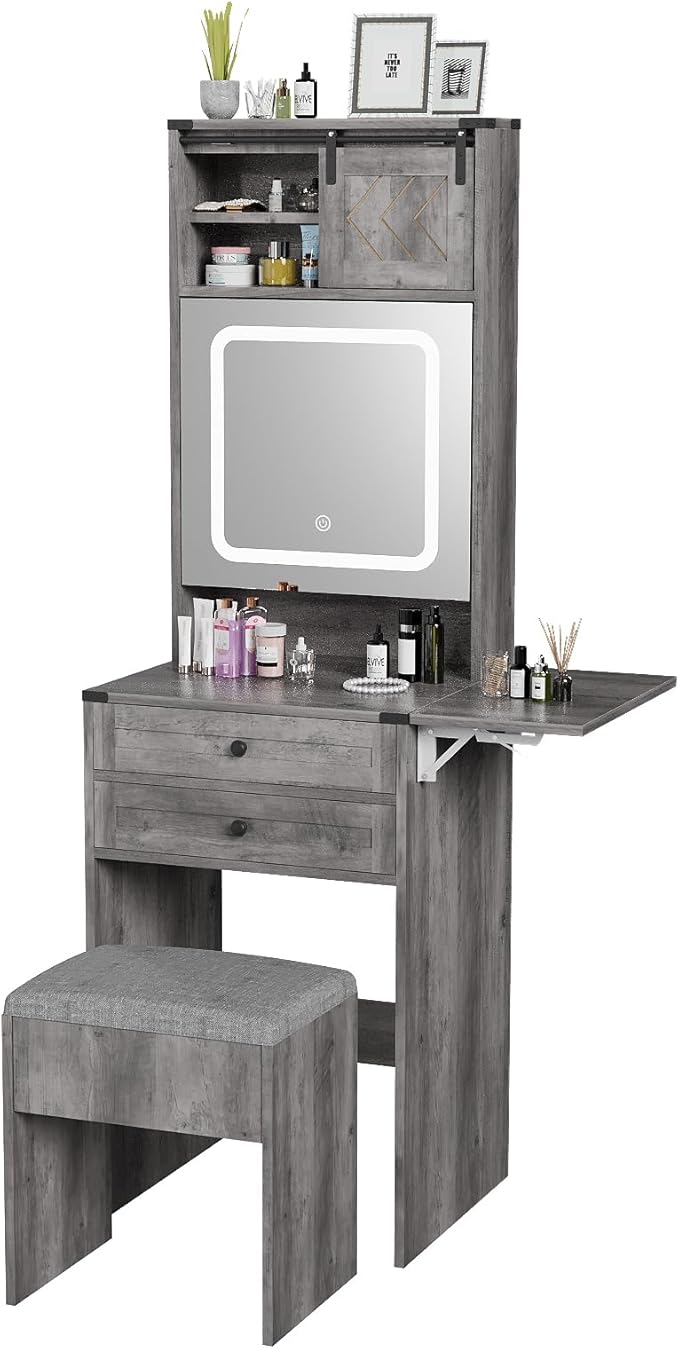 ARTETHYS Farmhouse Small Vanity Desk Set with Mirror Cabinet Compact Makeup Vanities Set with 3 Adjustable Lights and Storage Chair for Compact Space, Gray Dressing Table with Fold-up Panel