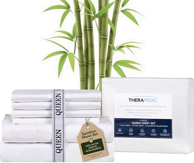 Therapedic 1000TC Queen 6-Piece Sheet Set - 100% Organic Rayon Derived from Bamboo Blend with Cooling Fiber, Ideal for Hot Sleepers - 16" Deep Pocket Fitted Sheet, Bonus Pillowcases - White