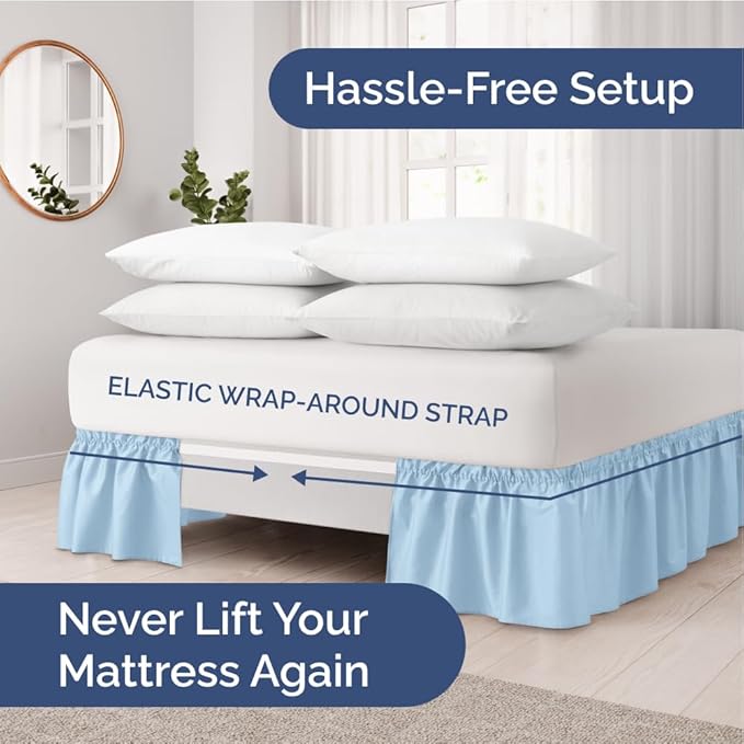 Wrap Around Dust Ruffle Bed Skirt - Light Blue - for King Size Beds with 21 Inch Drop - Elastic Strap - Adjustable Pleated Bedskirt with Brushed Fabric and Wrinkle Free - for Women, Men, Kids & Teens