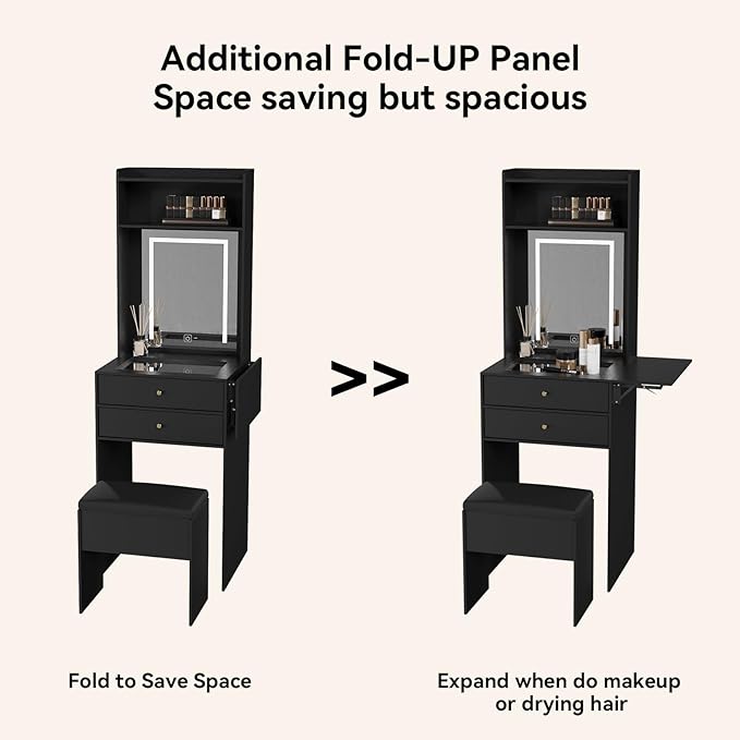 ARTETHYS Small Vanity Desk Set with 3 Adjustable Lighted Mirror and Storage Chair Mini Black Makeup Vanities Set for Bedroom Compact Make up Dressing Table with Fold-up Panel for Tiny Space