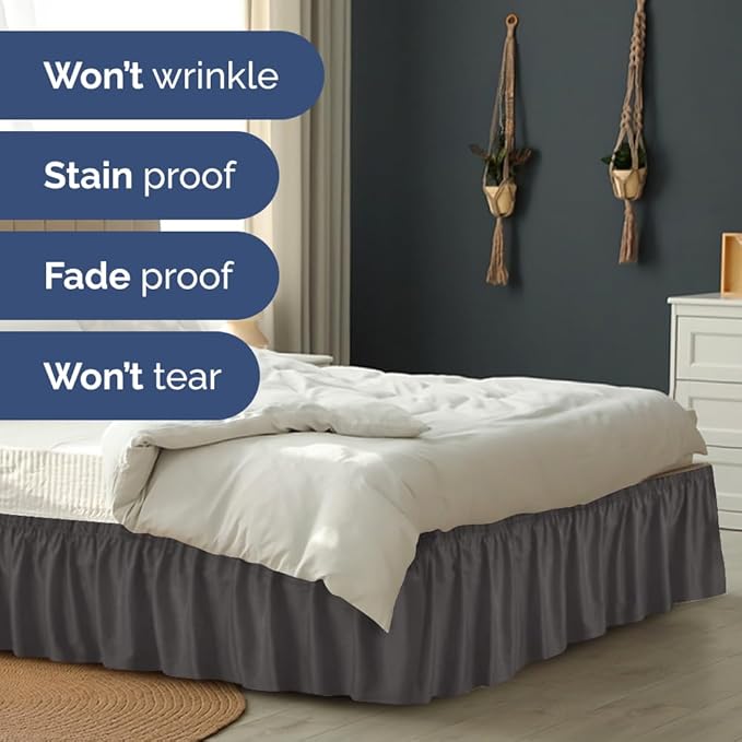 Wrap Around Dust Ruffle Bed Skirt - Charcoal - Twin/Twin XL Size Beds w/ 12 Inch Drop - Easy Fit Elastic Strap - Adjustable Pleated Bedskirt w/Brushed Fabric - Wrinkle Free - Women, Men, Kids & Teens
