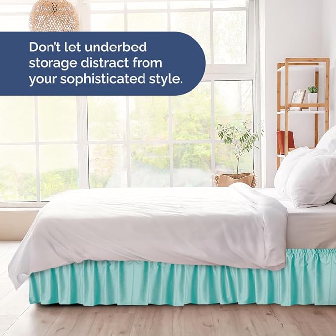 Wrap Around Dust Ruffle Bed Skirt - Spa Blue - for Queen Size Beds with 18 Inch Drop - Elastic Strap - Adjustable Pleated Bedskirt with Brushed Fabric and Wrinkle Free - for Women, Men, Kids & Teens