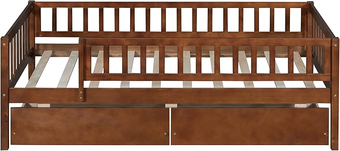 Bellemave Twin Bed Frames with Rails for Kids, Twin daybed Frame with Drawers for Boys/Girls/Adults， Walnut