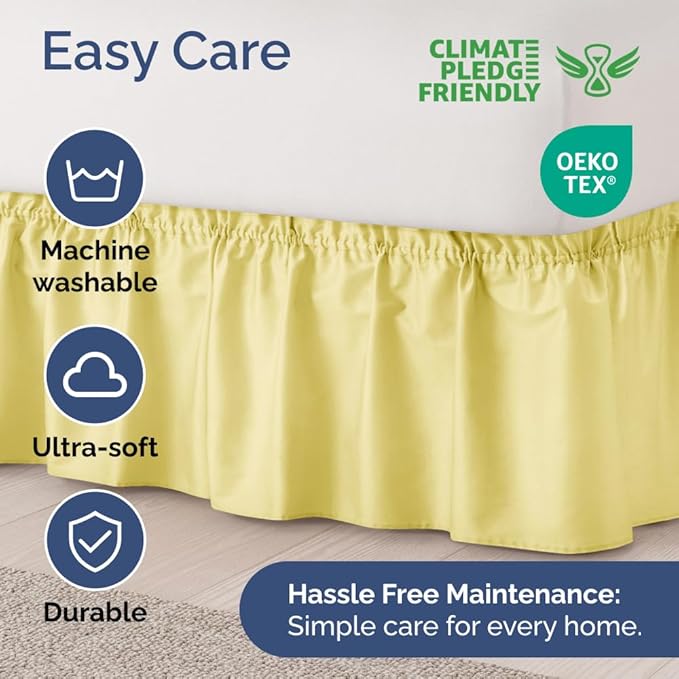 Wrap Around Dust Ruffle Bed Skirt - Yellow - for Queen Size Beds with 15 Inch Drop - Easy Fit Elastic Strap - Adjustable Pleated Bedskirt w/Brushed Fabric Wrinkle Free - for Women, Men, Kids & Teens