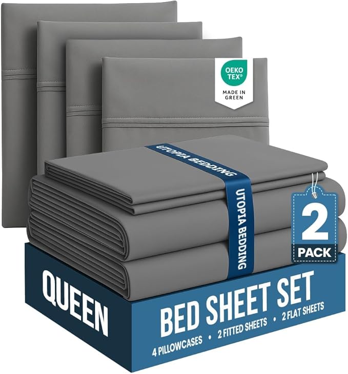 Utopia Bedding Queen Bed Sheets Set - Pack of 2 Sheet Sets - Perfect for Spa, Hotel, & Guest Bedroom - Brushed Microfiber - Shrinkage and Fade Resistant - Easy Care (Grey)