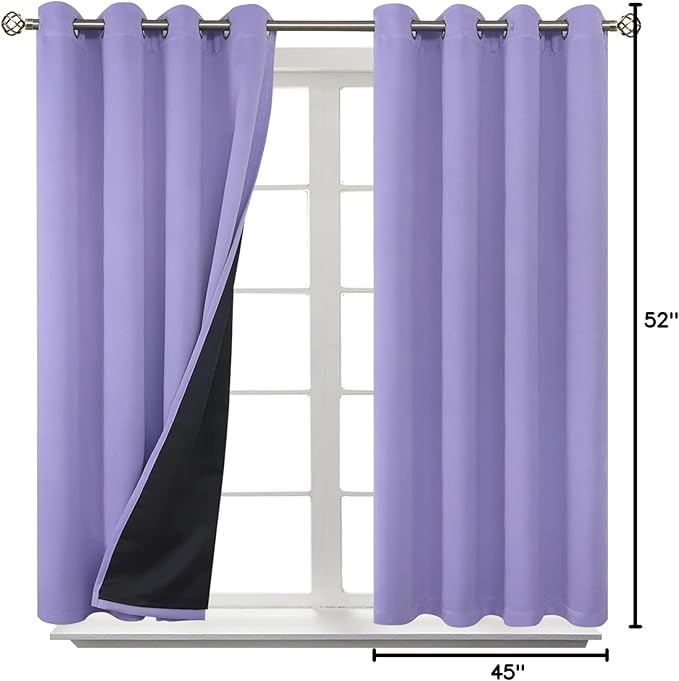 BGment Short 100% Blackout Curtains for Bedroom, Thermal Insulated Energy Efficiency Noise Reducing Grommet Curtains 45 Inch Length with Liner for Small Window 2 Panels Each 52 Inch Wide, Lavender