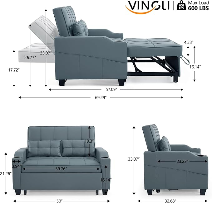 VINGLI Convertible Loveseat Sleeper, Blue Grey Faux Leather Futon Sofa Bed Pullout Couch Bed with USB Ports, Cup Holders, Armrest for Living Room, Bedroom, Home Office Apartment