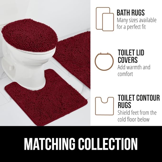 GORILLA GRIP Plush Absorbent Shaggy Chenille Bath Rug Mat for Square Toilet Base with Rubber Backing, Machine Washable Rugs, Soft Microfiber Contour Mats for Toilets, Bathroom Decor, Burgundy