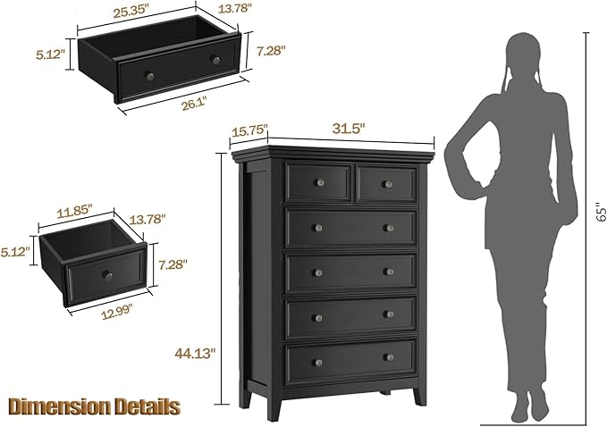 Black Modern 6 Drawer Storage Cabinet, Stylish Living Room Furniture, Farmhouse Style Dresser with Spacious Drawers Ideal for Entryway and Hallway Storage
