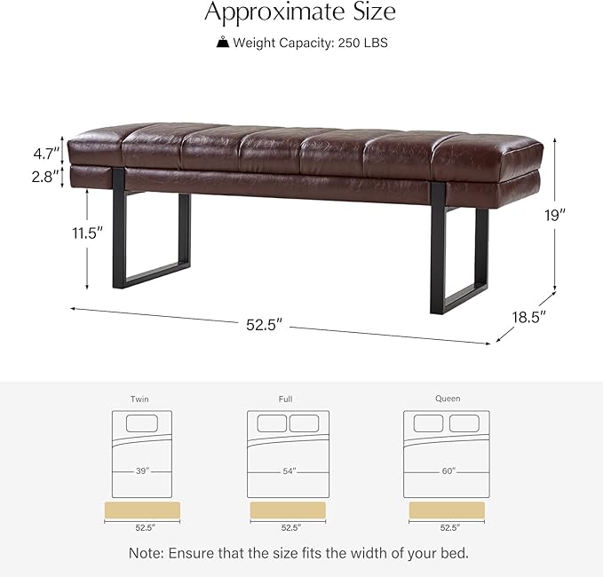 HULALA HOME 53" Faux Leather Entryway Bench, Button Tufted End of Bed Bench Ottoman for Bedroom, Living Room with Metal Base,Brown