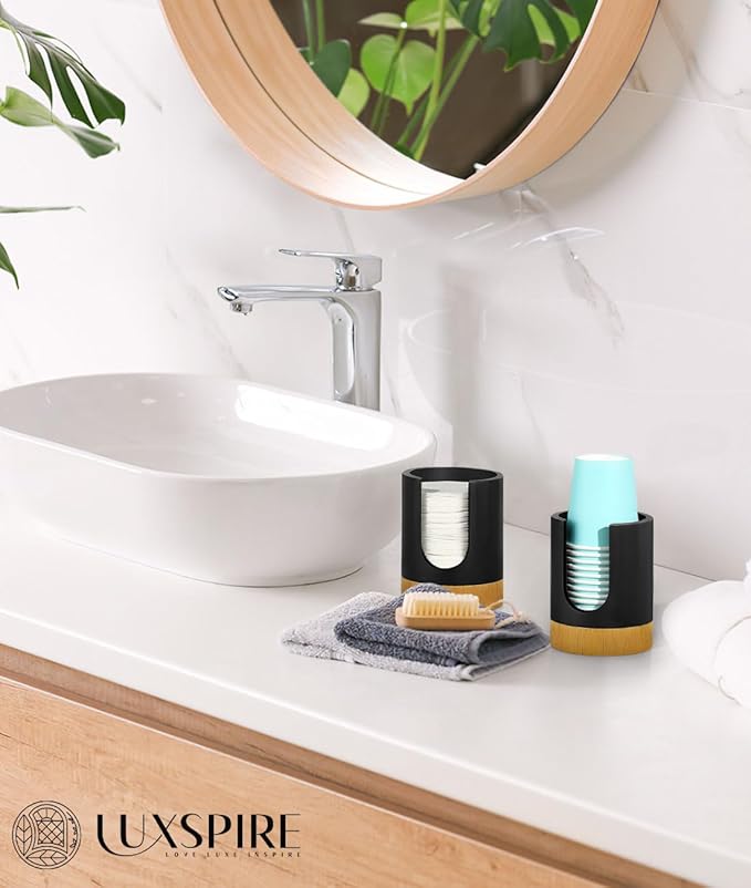 Luxspire Dixie Cup Dispenser, 3+7oz Bathroom Cup Dispenser, Marble Resin Dixie Cup Holder, Disposable Bathroom Paper Cup Holder, Cotton Pad Holder, Guest Bathroom Essentials, Matte Black, 2 Pack