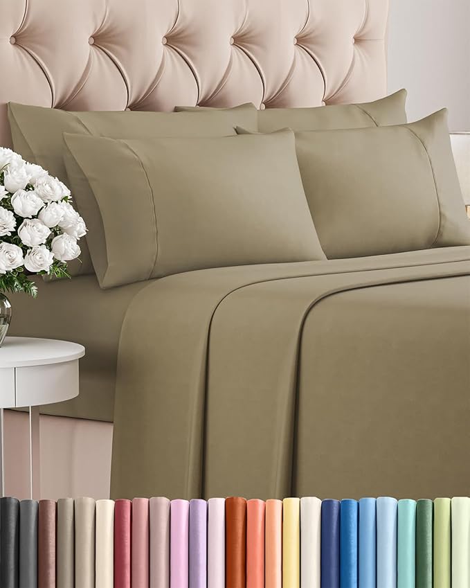 King 6 Piece Sheet Set - Cooling, Comfy & Breathable - Hotel Luxury Bedding, Includes Fitted Sheet for Women, Men, Kids and Teens - 1 Flat, 1 Fitted Sheet, 4 Pillowcases with Deep Pockets - Khaki