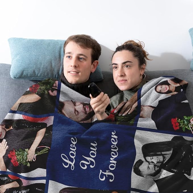 Custom Sherpa Fleece Blanket with Photos & Text - Soft, Warm & Fuzzy Personalized Couples Gifts for Boyfriend & Girlfriend - Customized Picture Blanket for Birthday, Anniversary & Christmas