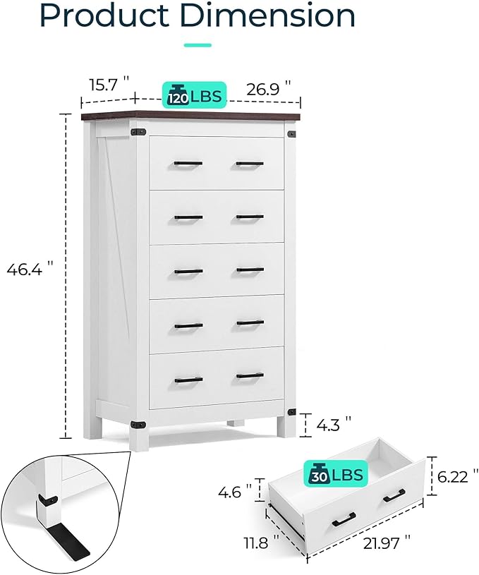 LINSY HOME Farmhouse 5 Drawer Dresser for Bedroom, 46” Tall Rustic Wood Chest with Deep Drawers, Modern Dressers with Spacious Storage and Metal Handles for Closet, Living Room, Hallway, Off White