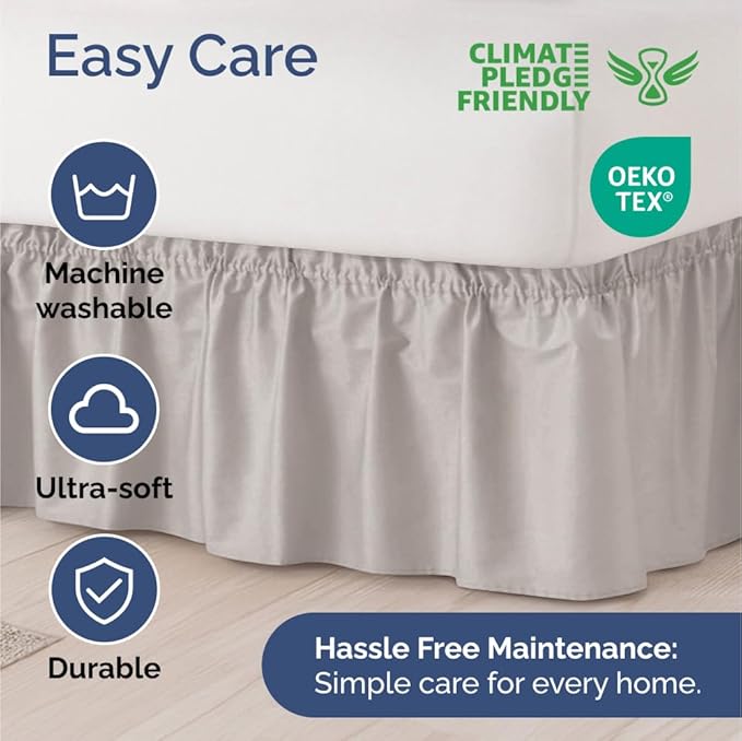 Wrap Around Dust Ruffle Bed Skirt - Light Grey - for King Size Beds with 12 Inch Drop - Elastic Strap - Adjustable Pleated Bedskirt with Brushed Fabric and Wrinkle Free - for Women, Men, Kids & Teens