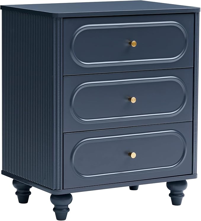3 Drawer Fluted Dresser for Bedroom Set of 2, Mid Century Modern Chest of Drawers, Wood Storage Small Dresser Organizer for Bedroom Living Room Hallway Closet, Blue