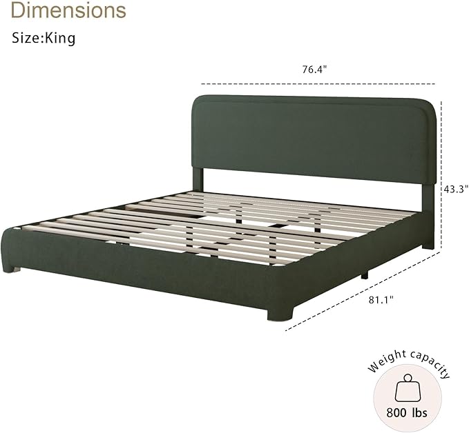BarnFurin King Size Boucle Bed Frame and Headboard, Cloud Upholstered Platform Bed Frame, Soft Rounded Corners, Modern Style, No Box Spring Required, Easy Assembly, Green