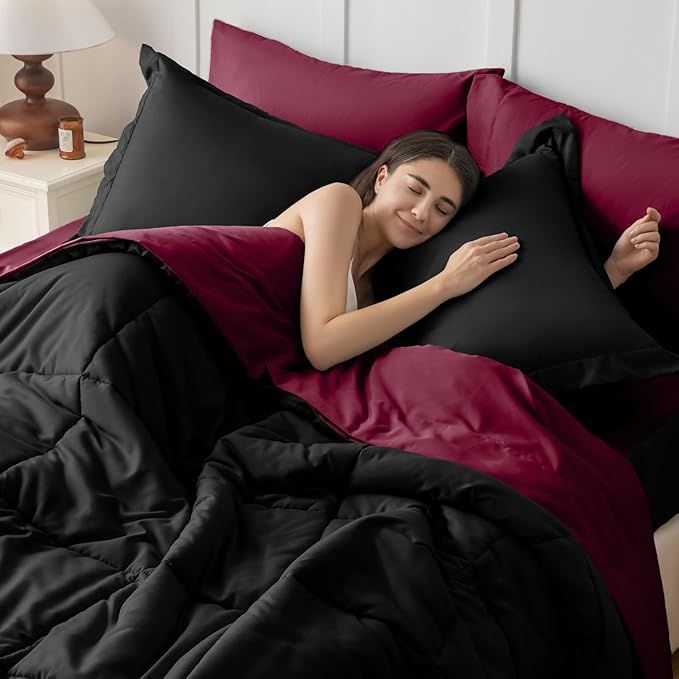JOLLYVOGUE King Comforter Set, Ultra-Soft Bed in a Bag King Size 7 Pieces, Oeko-TEX Certified Bedding Set with Down Alternative Comforter, Sheets, Pillowcases & Shams, Burgundy & Black