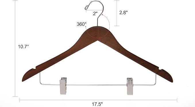 Quality Wooden Skirt Hangers with Clips 80-Pack Walnut Pants Hangers with Adjustable Chrome Metal Clips, Swivel Hook, Coat, Jacket, Blouse Suit Hangers (Walnut - Chrome Hook, 80)