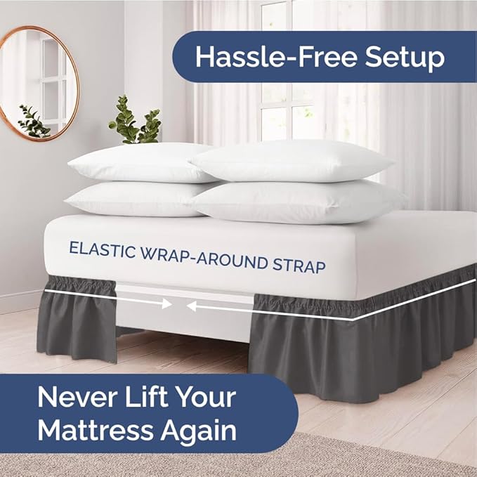 Wrap Around Dust Ruffle Bed Skirt - Charcoal - Twin/Twin XL Size Beds w/ 12 Inch Drop - Easy Fit Elastic Strap - Adjustable Pleated Bedskirt w/Brushed Fabric - Wrinkle Free - Women, Men, Kids & Teens