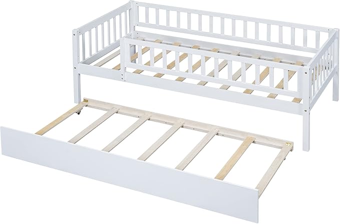 Bellemave Twin Kids Bed Frames with Rails for Kids, Twin daybed with Trundle for Boys/Girls/Adults，White