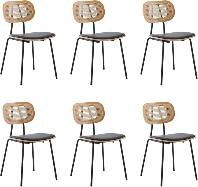 HEAH-YO Modern Dining Chairs Set of 6, Upholstered Faux Leather Dining Room Chairs with Rattan Backrest and Metal Legs, Armless Kitchen Chairs for Dining Room, Black