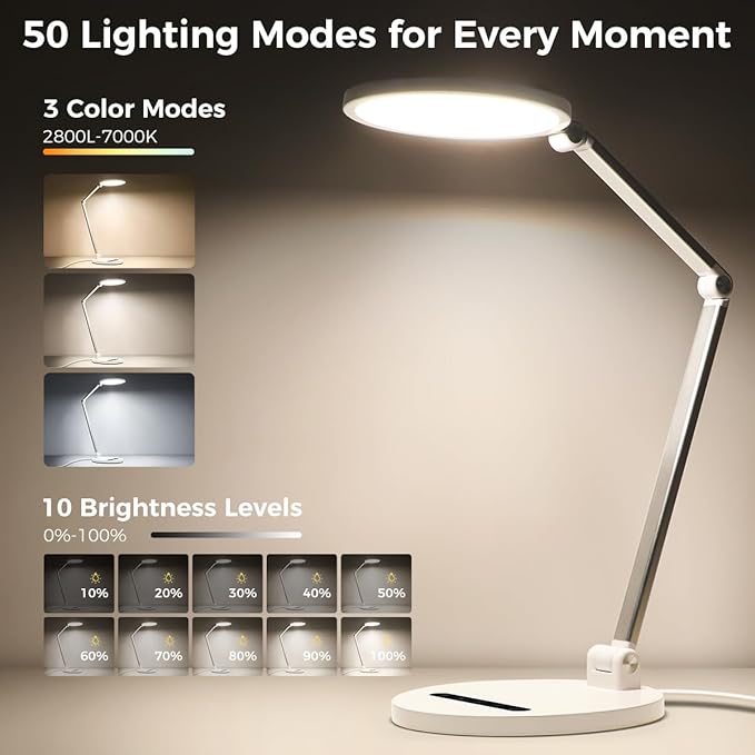 OldShark LED Desk Lamp for Home Office and Video Calls| Eye-Caring Dimmable Led Desk Light with Memory & Timer Func| 3 Color Temperature,10 Brightness Computer Light, Adjustable Flexible Swing Arm