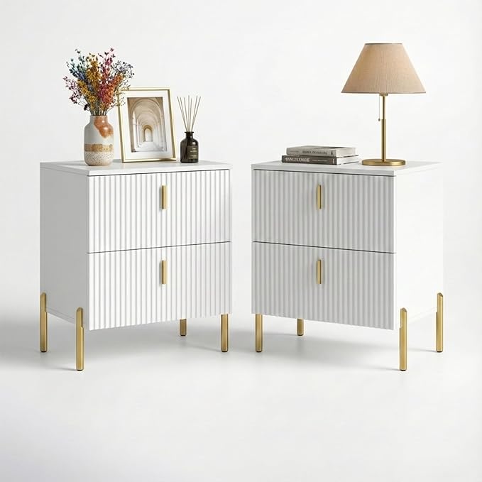 Luxury Fluted Night Stand Set of 2, Nightstand with 2 Drawers, Modern Bedside Table with Golden Legs and Handles, End Tables for Living Room Bedroom, White