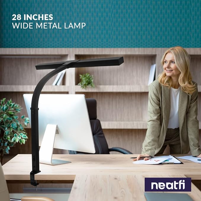 Neatfi 3000 Lumens Flex LED Desk Lamp with Clamp, Dimmable, 5 Adjustable Brightness Levels & 5 Light Modes, Memory Function, Eye-Caring & Flexible Lamp for Home & Office (28 Inches, Black)