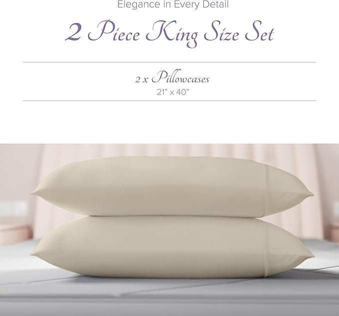 Carressa Linen 100% Egyptian Cotton King Size Pillow Cases Set of 2 - Luxury 600 Thread Count King Pillowcases (Sand), Silky Soft, Cooling, Breathable Sateen Weave Hotel Quality Bed Pillow Cover