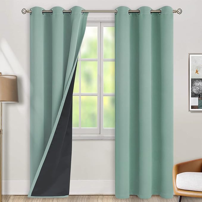 BGment Thermal Insulated 100% Blackout Curtains for Bedroom with Black Liner, Double Layer Full Room Darkening Noise Reducing Grommet Curtain (38 x 84 Inch, Frosty Green, 2 Panels)