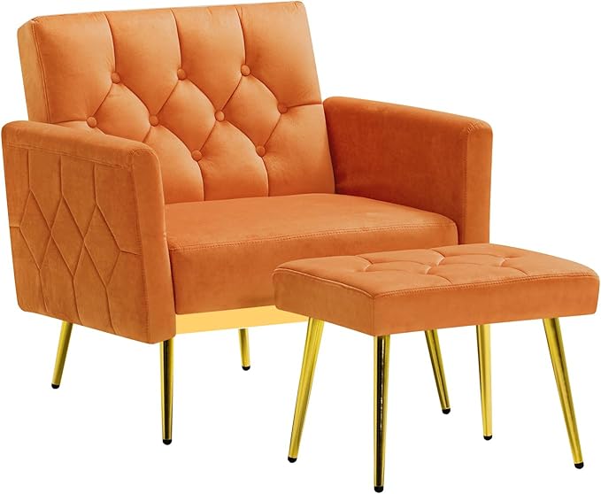 Velvet Accent Chair w/Adjustable Armrests and Backrests, Tufted Single Sofa with Ottoman, Upholstered Reading Chiar for Living Room, Apartment, Bedroom, Orange