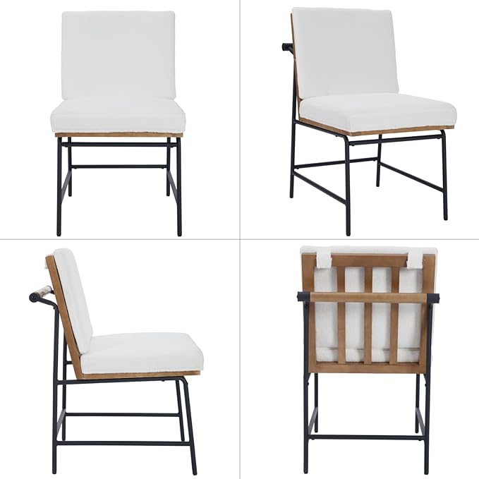 Modern Dining Chairs Set of 6, Comfy Sherpa Fabric Armless Upholstered Side Chairs with Wooden Backrest Black Metal Legs for Dining Room Living Room, White